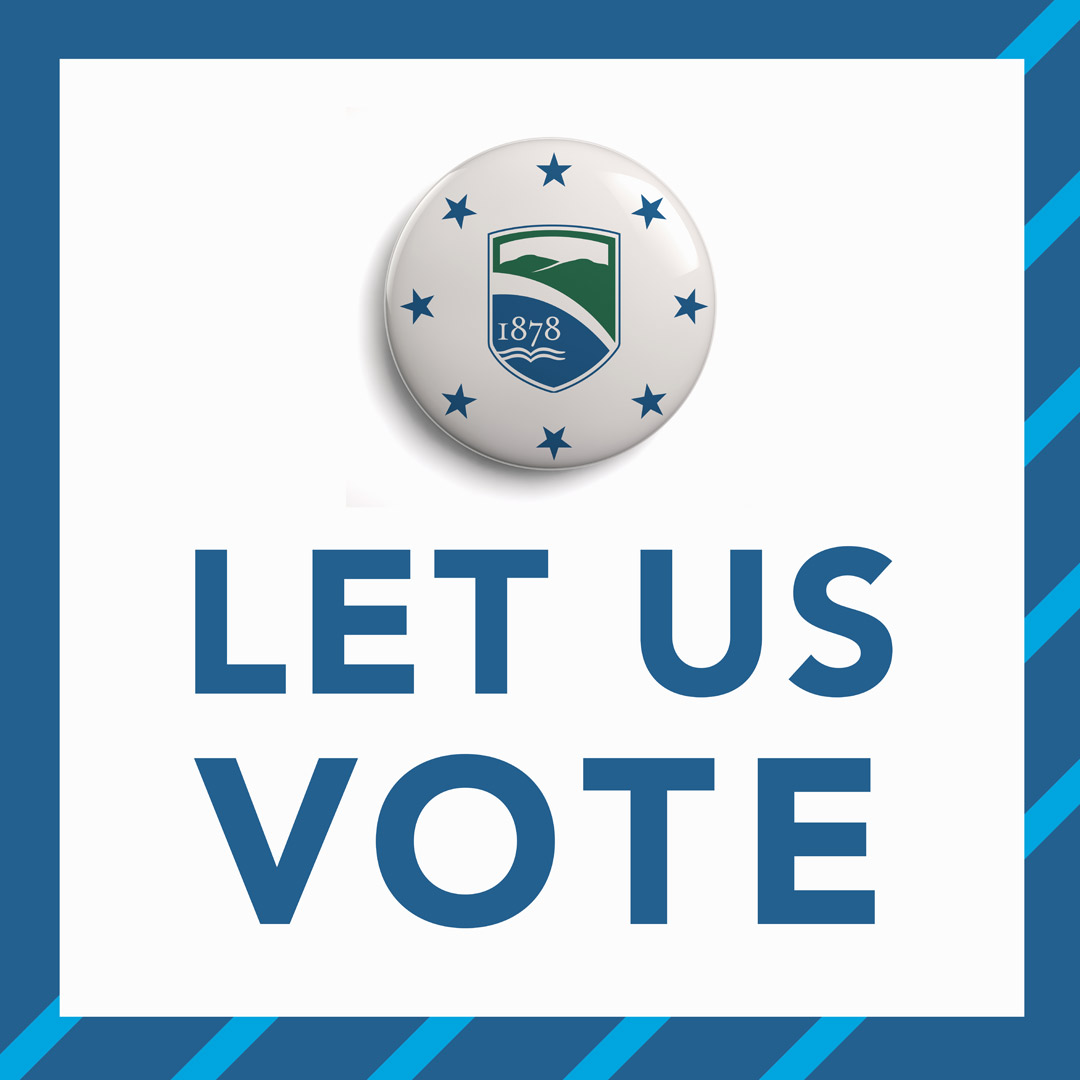 A flyer with a button of champlain's shield surrounded by stars with the words "Let us Vote" 