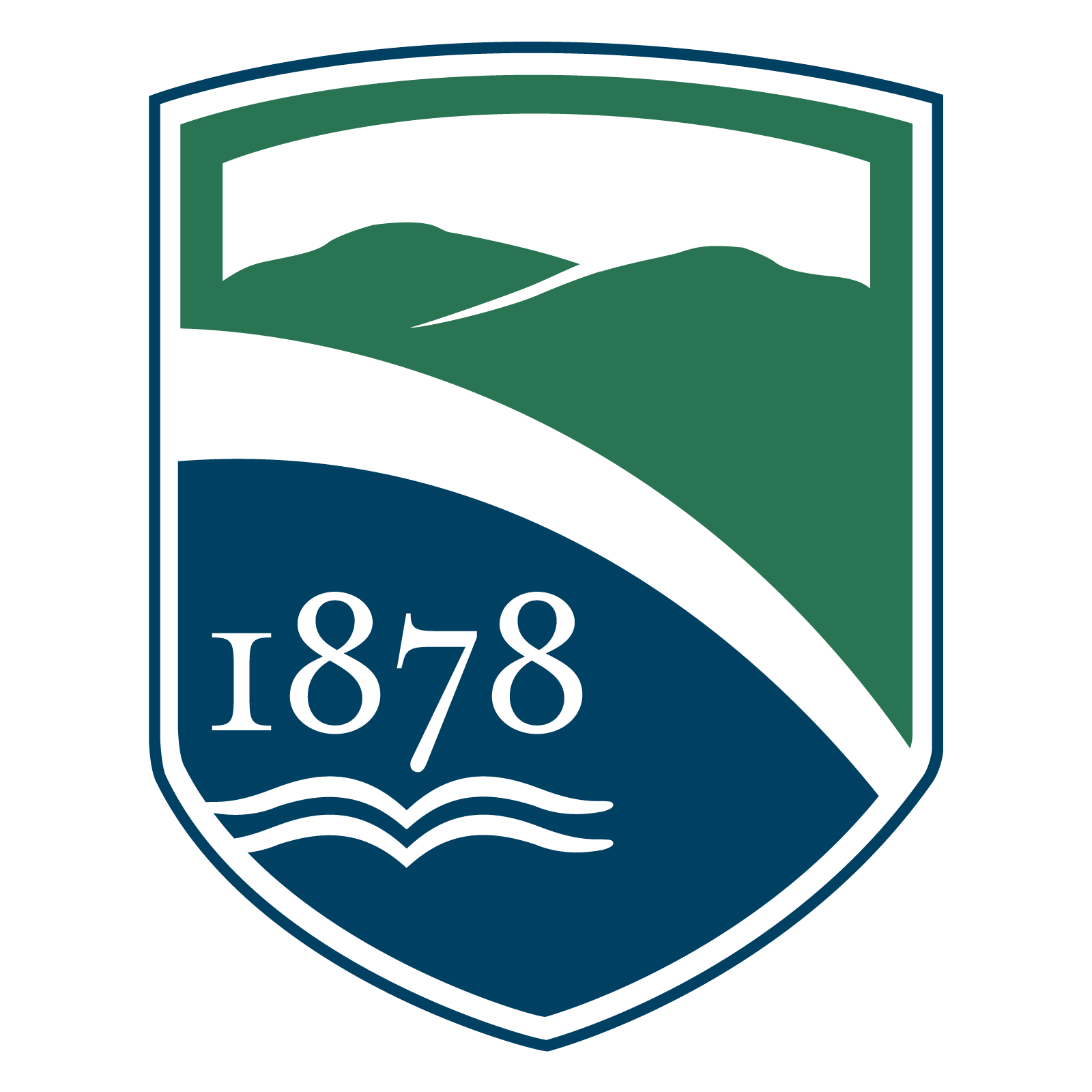 Champlain College shield logo in navy and green