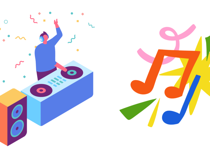 animated person spins at a DJ booth with confetti flying in the back with big music symbols featured in front