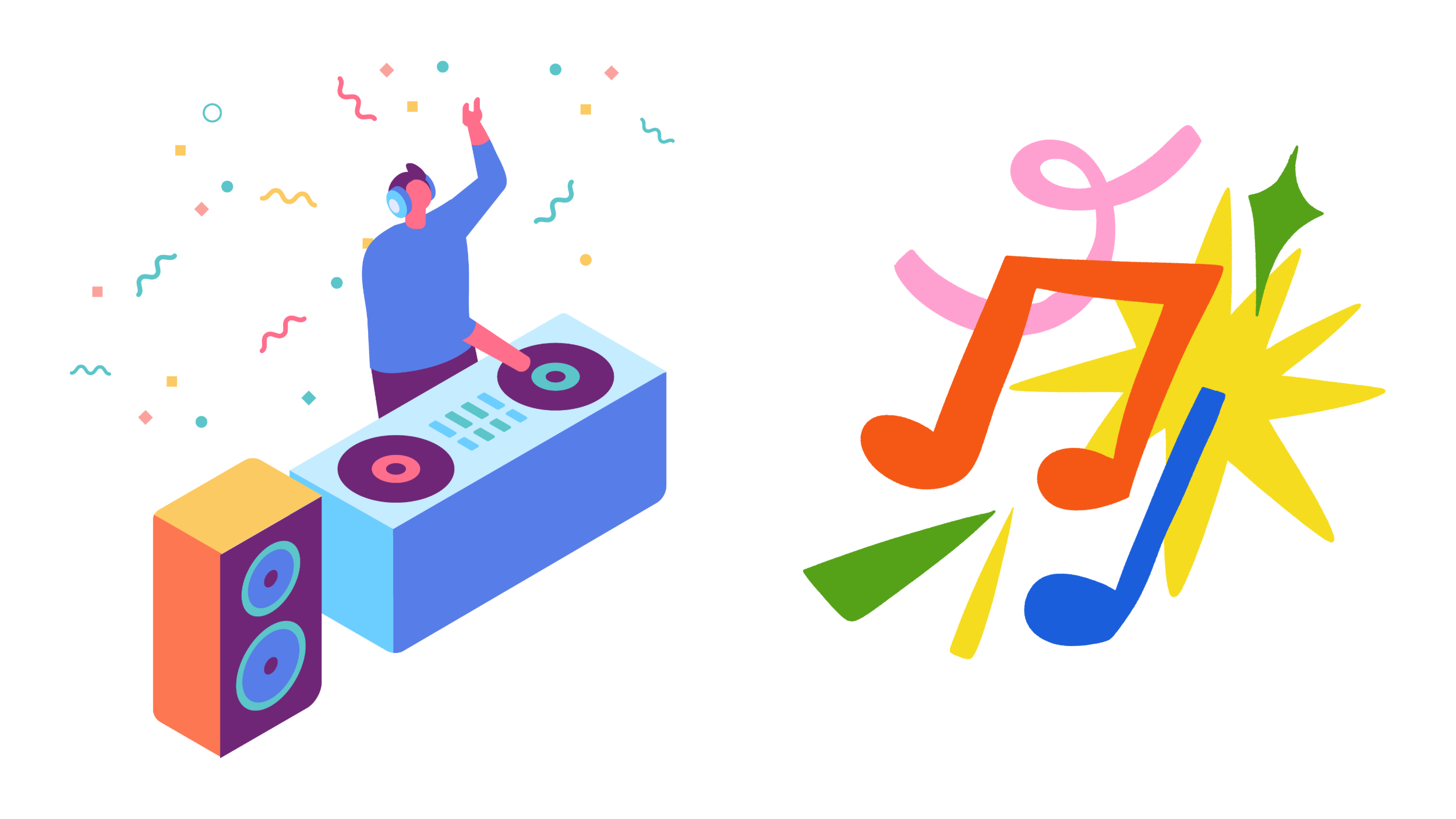 animated person spins at a DJ booth with confetti flying in the back with big music symbols featured in front