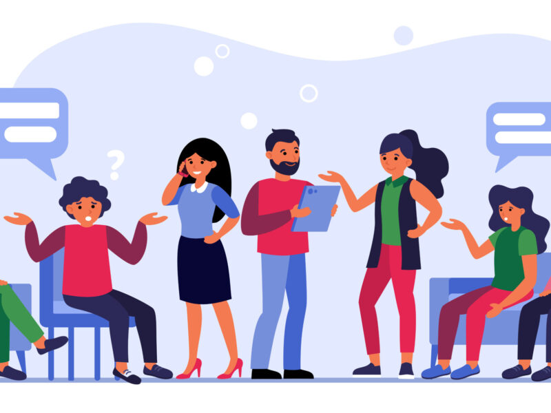 a digital illustration of a group of people having a meeting and conversing together