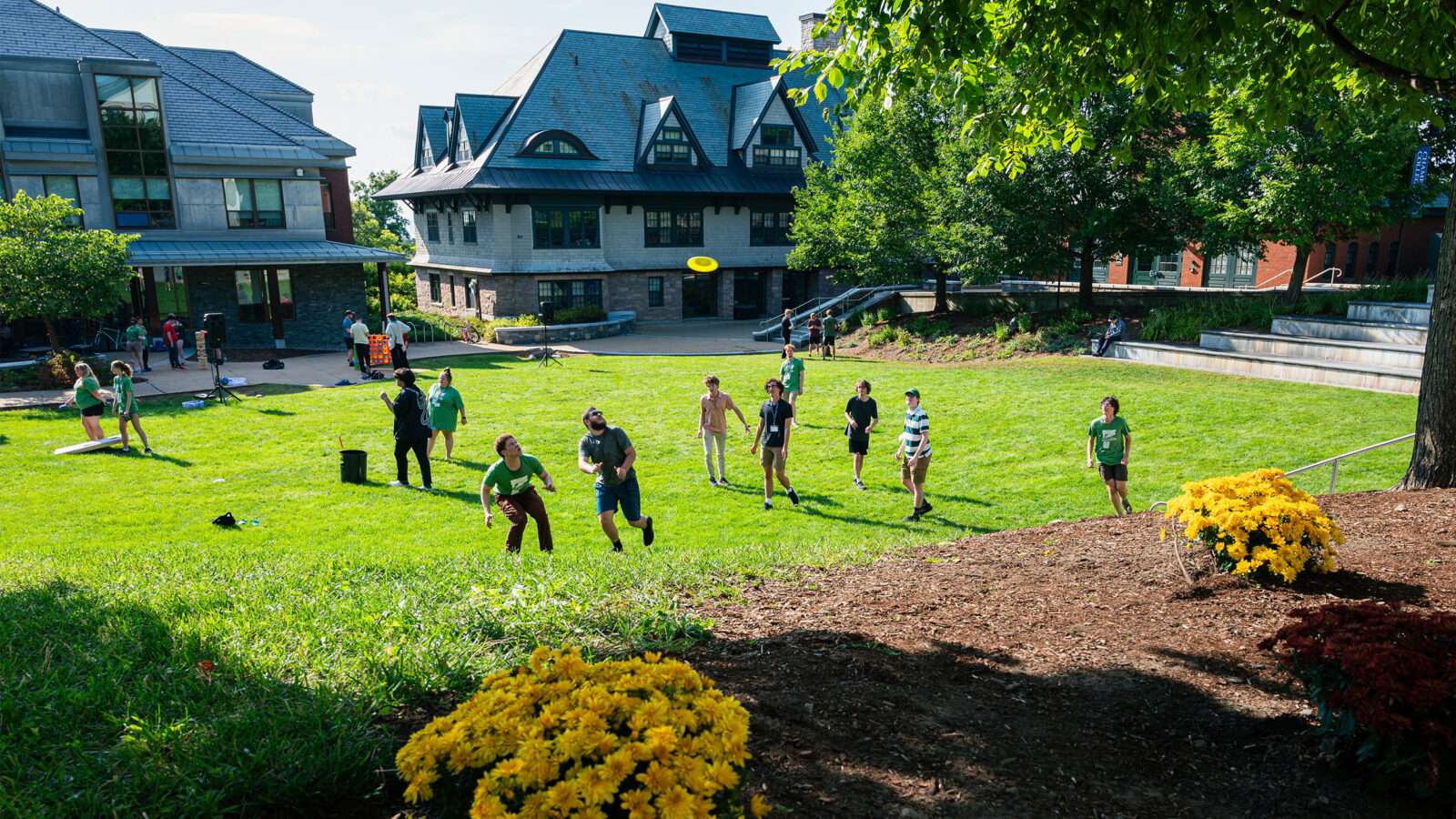 students play frisbee on the quad on a sunny day
