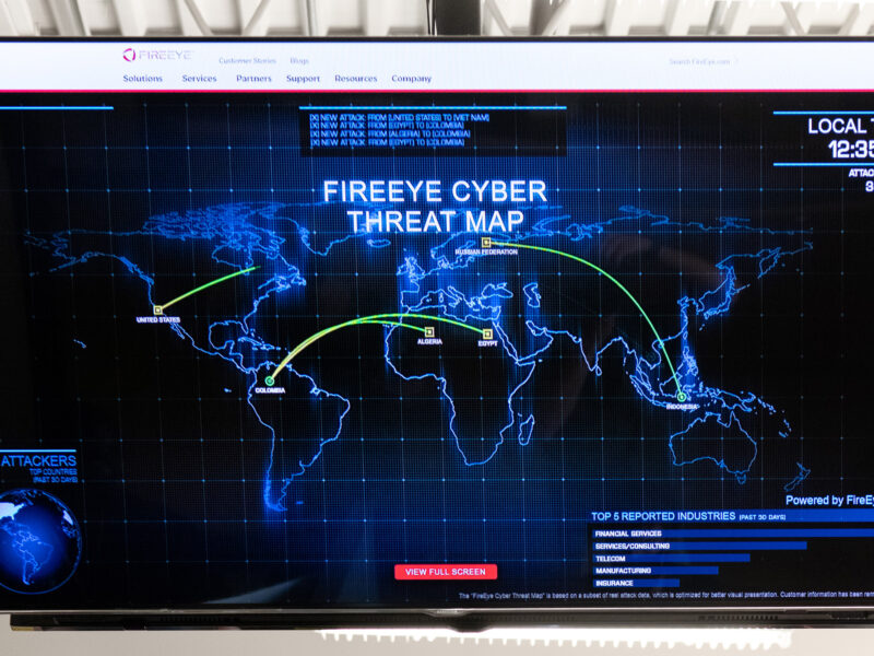 Leahy Center cybersecurity monitor showing the Fireeye cyber threat map of the world