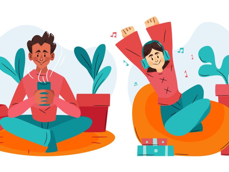 digital illustrations of two people relaxing with a cup of hot tea or coffee and listening to music while stretching