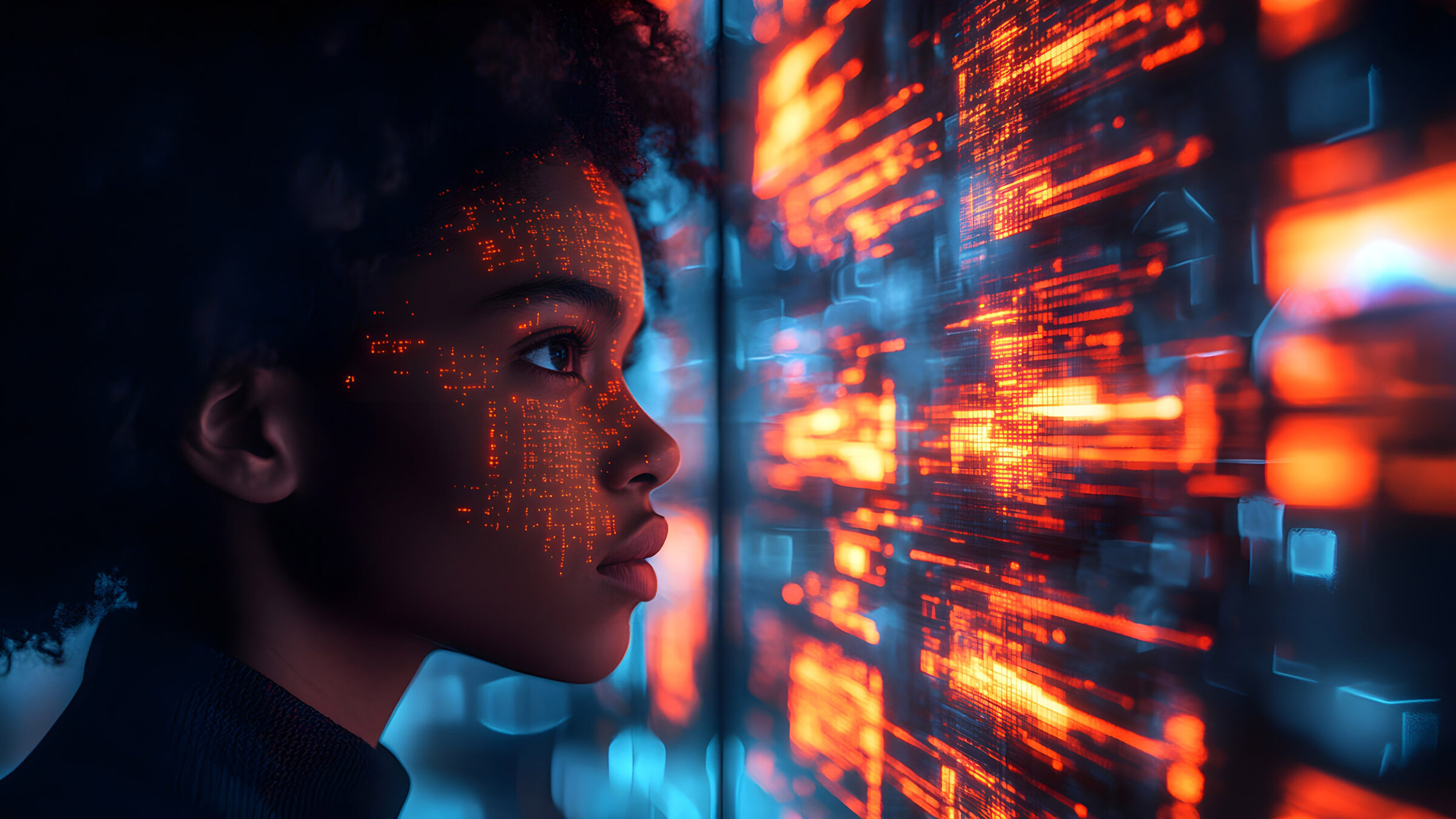 Cybersecurity expert viewing AI threat through holographic data streams, augmented reality layered with AI codes, deep shadows, neon lighting, futuristic, 3D rendering