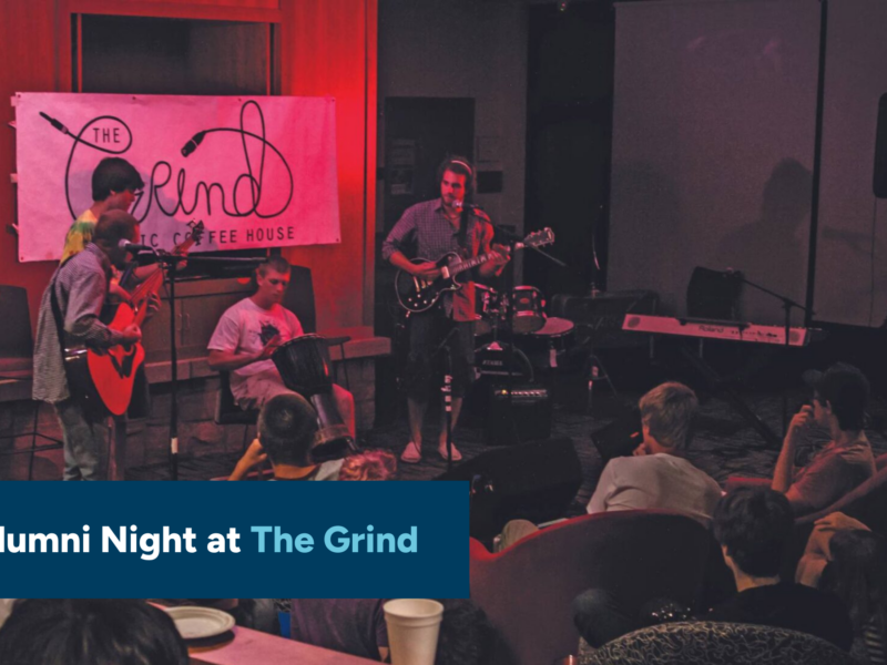 The Grind Coffee House event with the text "Alumni Night at The Grind" in the lower left