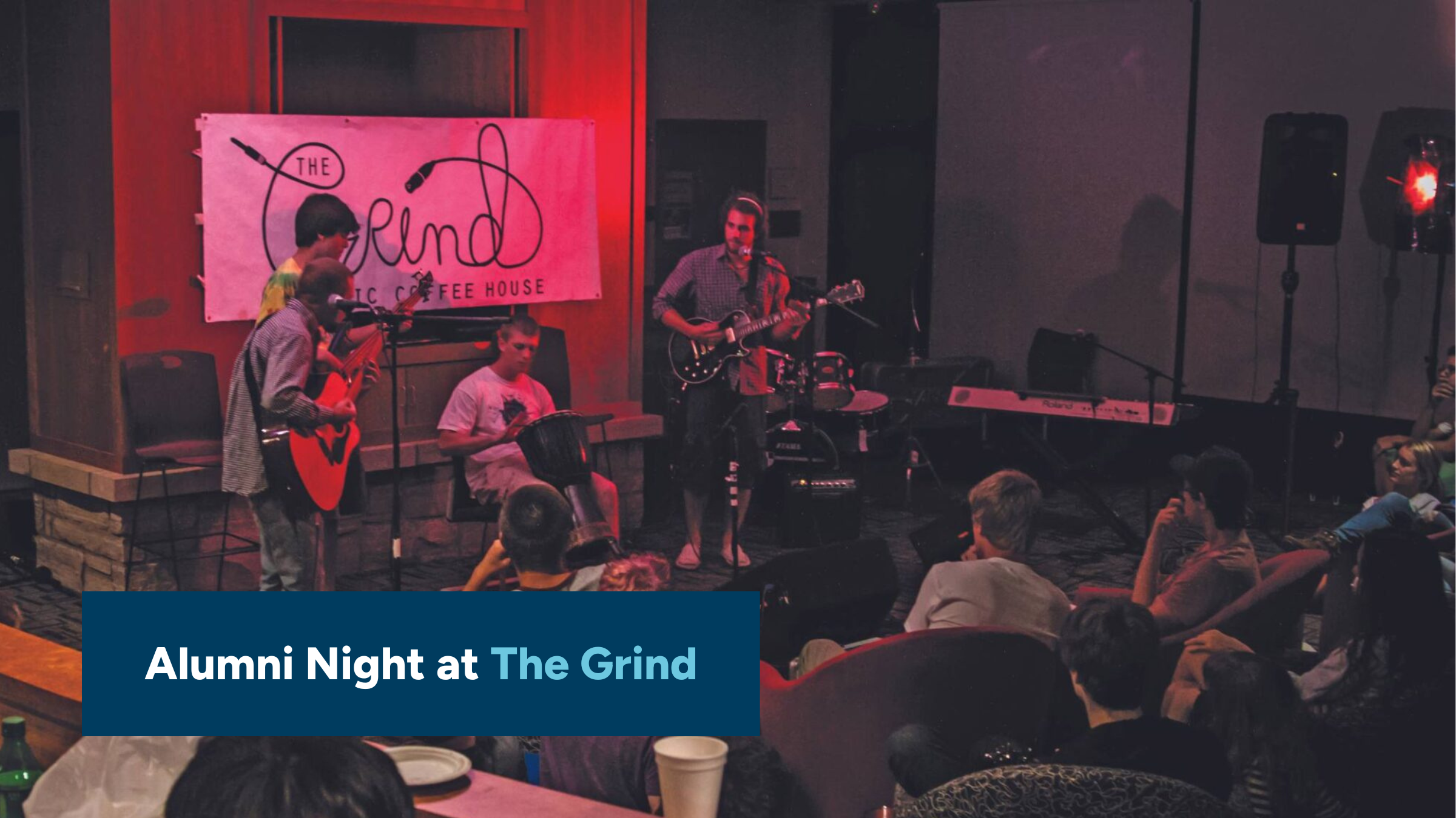 The Grind Coffee House event with the text "Alumni Night at The Grind" in the lower left
