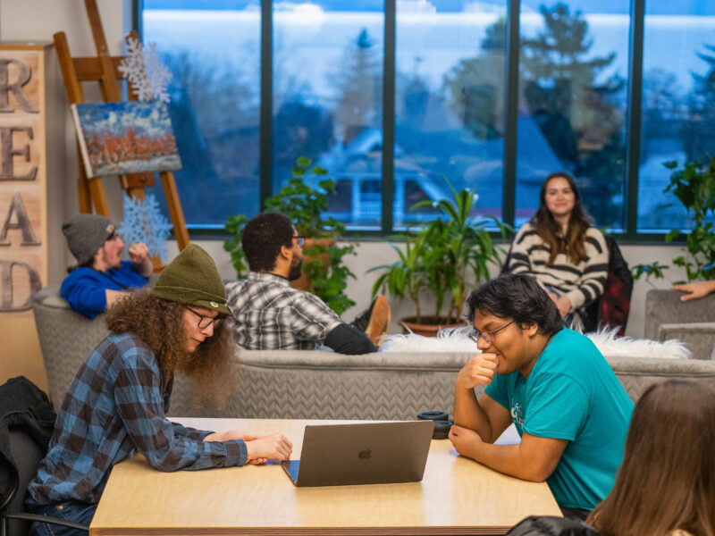Students working in a communal lounge space