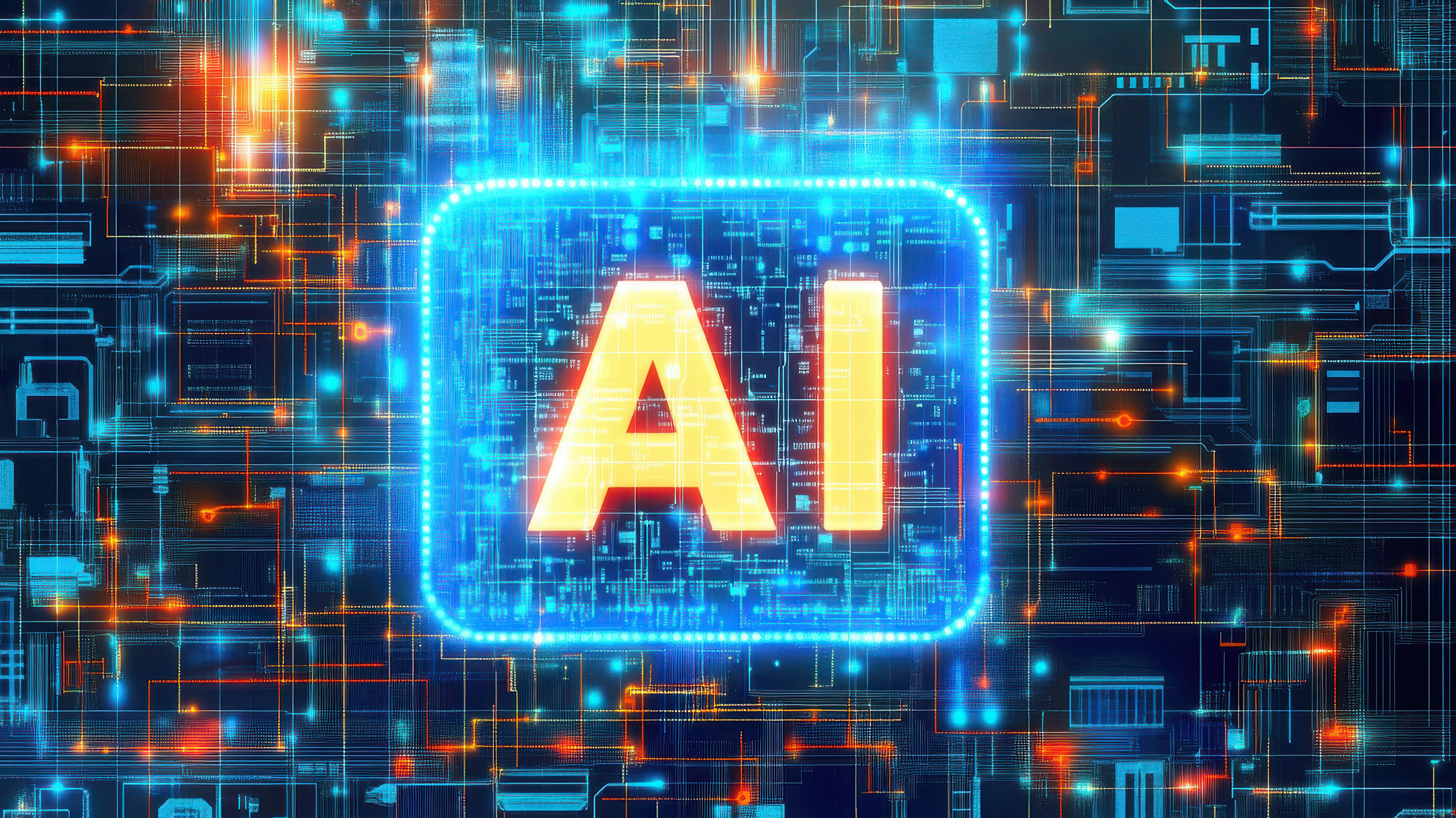 abstract image with colorful lighted elements and "AI" boldly written in the center