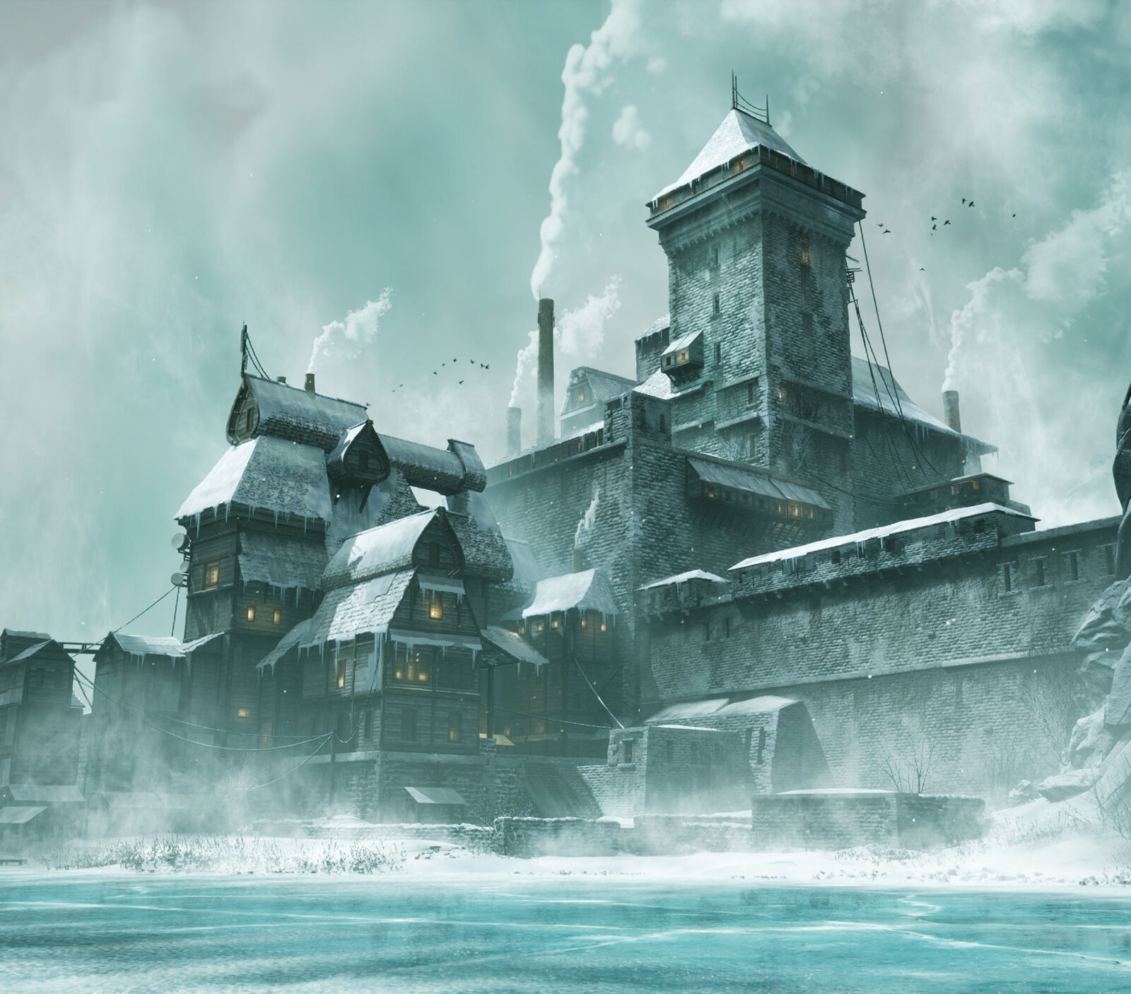 Student artwork of a snowy winter fortress