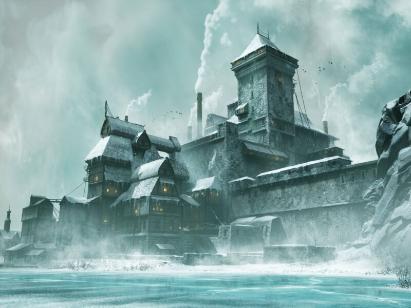 Student artwork of a snowy winter fortress