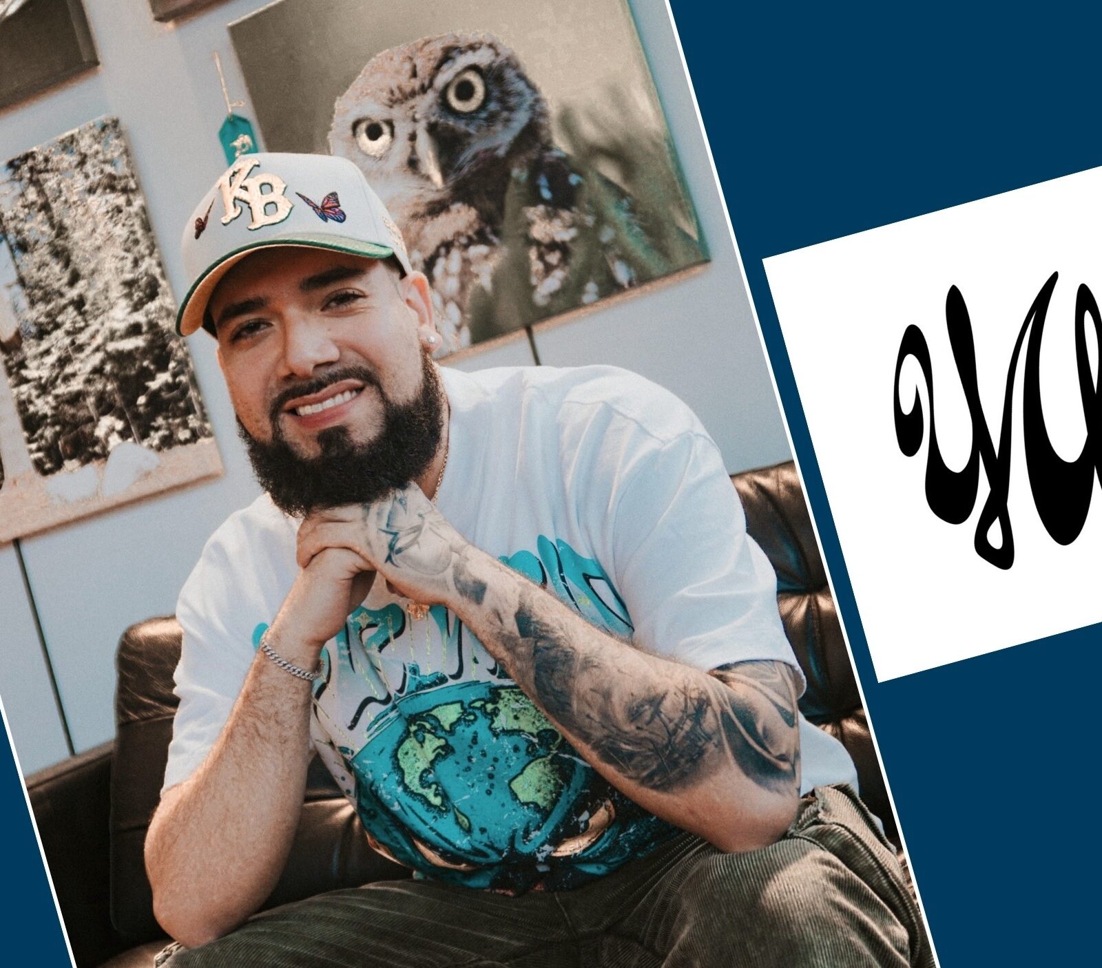 Champlain alum, Matthew Sierra, wearing a shirt from his sustainable fashion brand, YWRLD, and posing next to the YWRLD logo