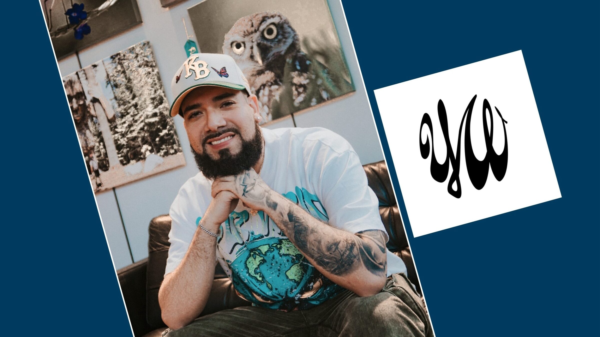 Champlain alum, Matthew Sierra, wearing a shirt from his sustainable fashion brand, YWRLD, and posing next to the YWRLD logo