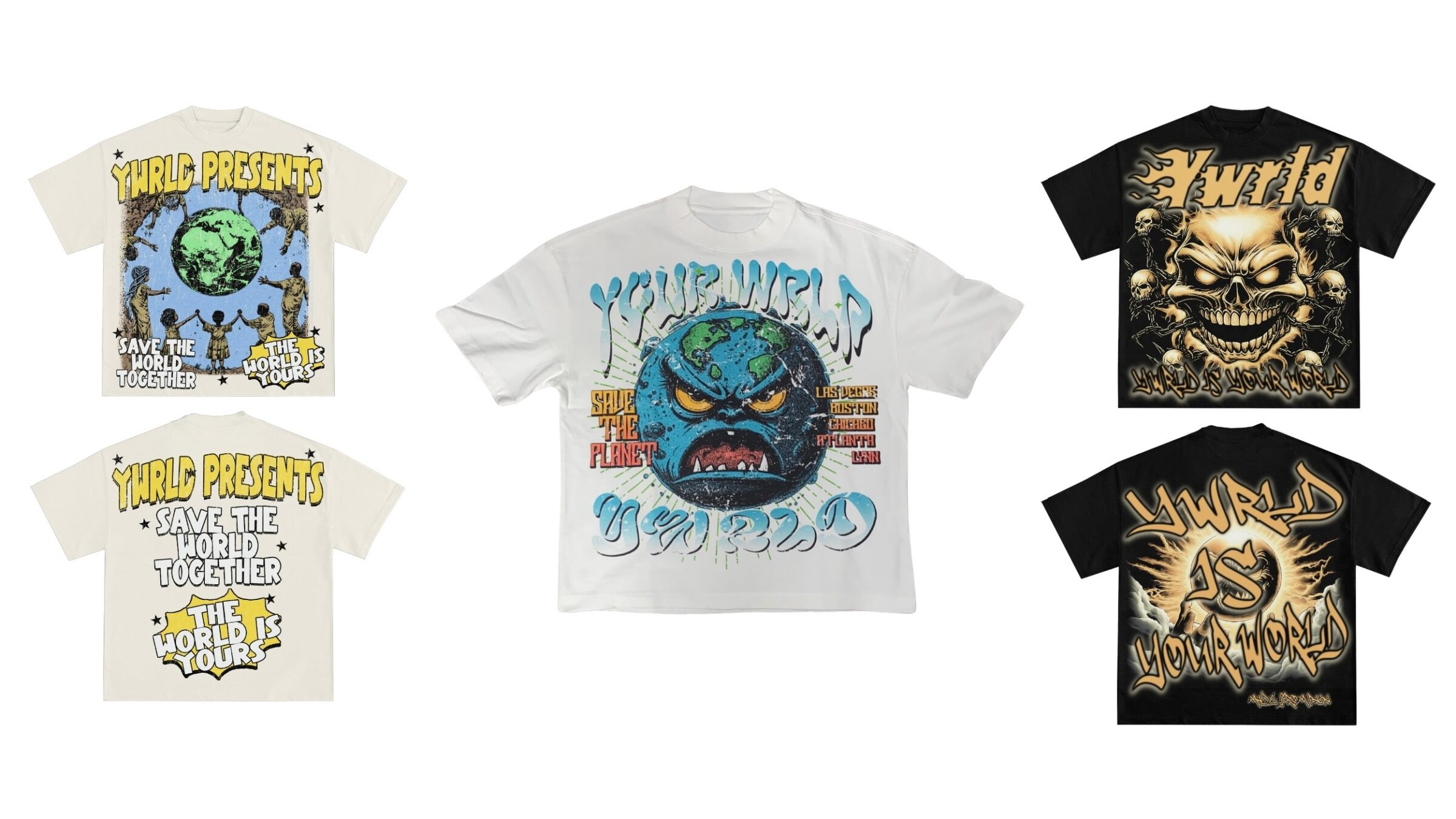 Shirts from the sustainable fashion brand, YWRLD, with messaging to make a difference. The first shirt features a retro-inspired front and back print of people united around the Earth and says "YWRLD PRESENTS" "SAVE THE WORLD TOGETHER" "THE WORLD IS YOURS". The second shirt says "SAVE THE PLANET" and features an angry Earth graphic that symbolizes the effects of deforestation, pollution, and climate neglect. The third shirt features a striking front skull graphic and “YWRLD IS YOUR WORLD” graffiti-inspired message.
