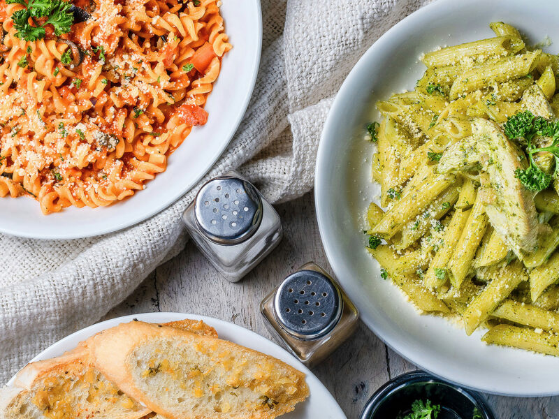 three bowls of pasta