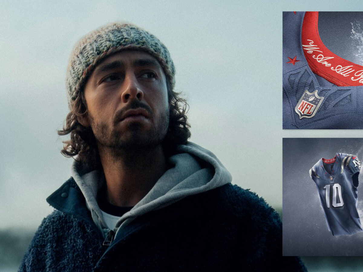 Alumnus Liam O'Neil and the jersey he designed for the New England Patriots