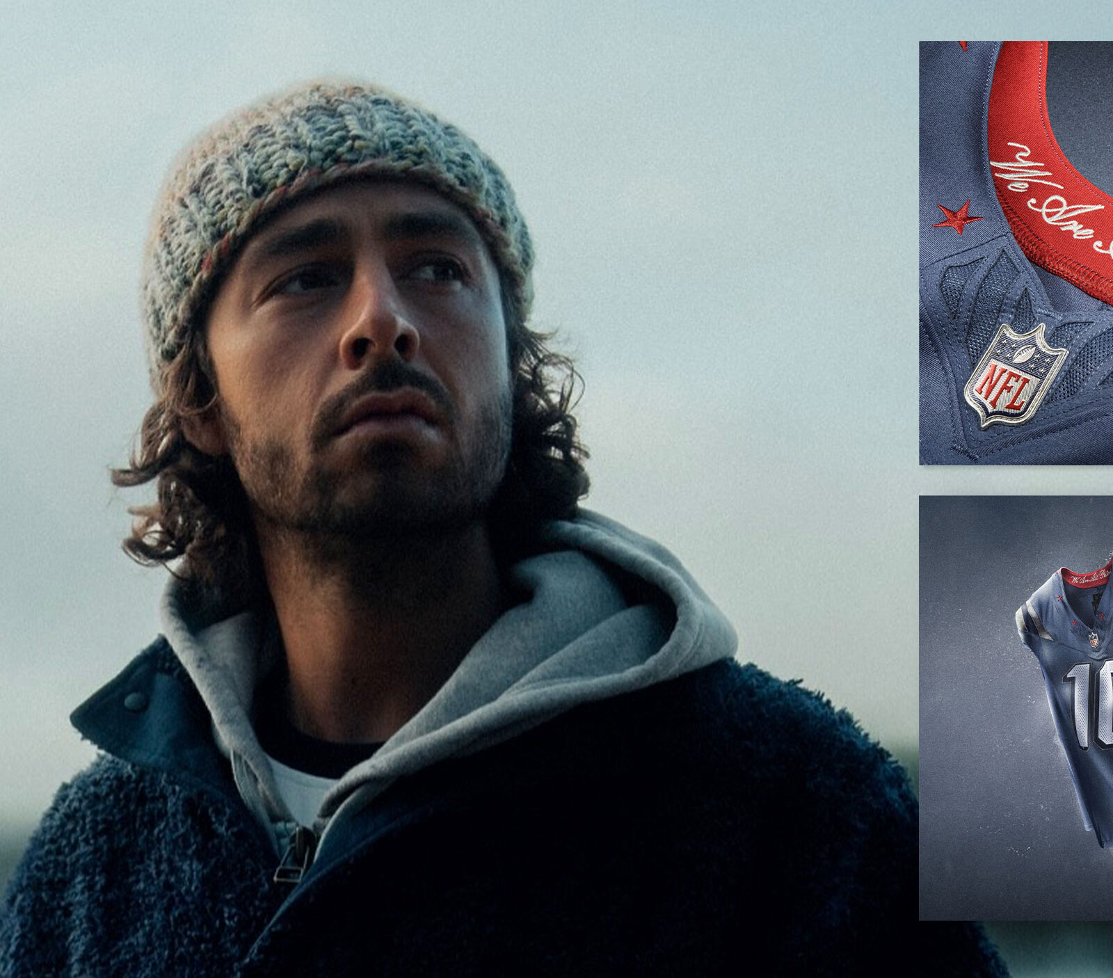 Alumnus Liam O'Neil and the jersey he designed for the New England Patriots