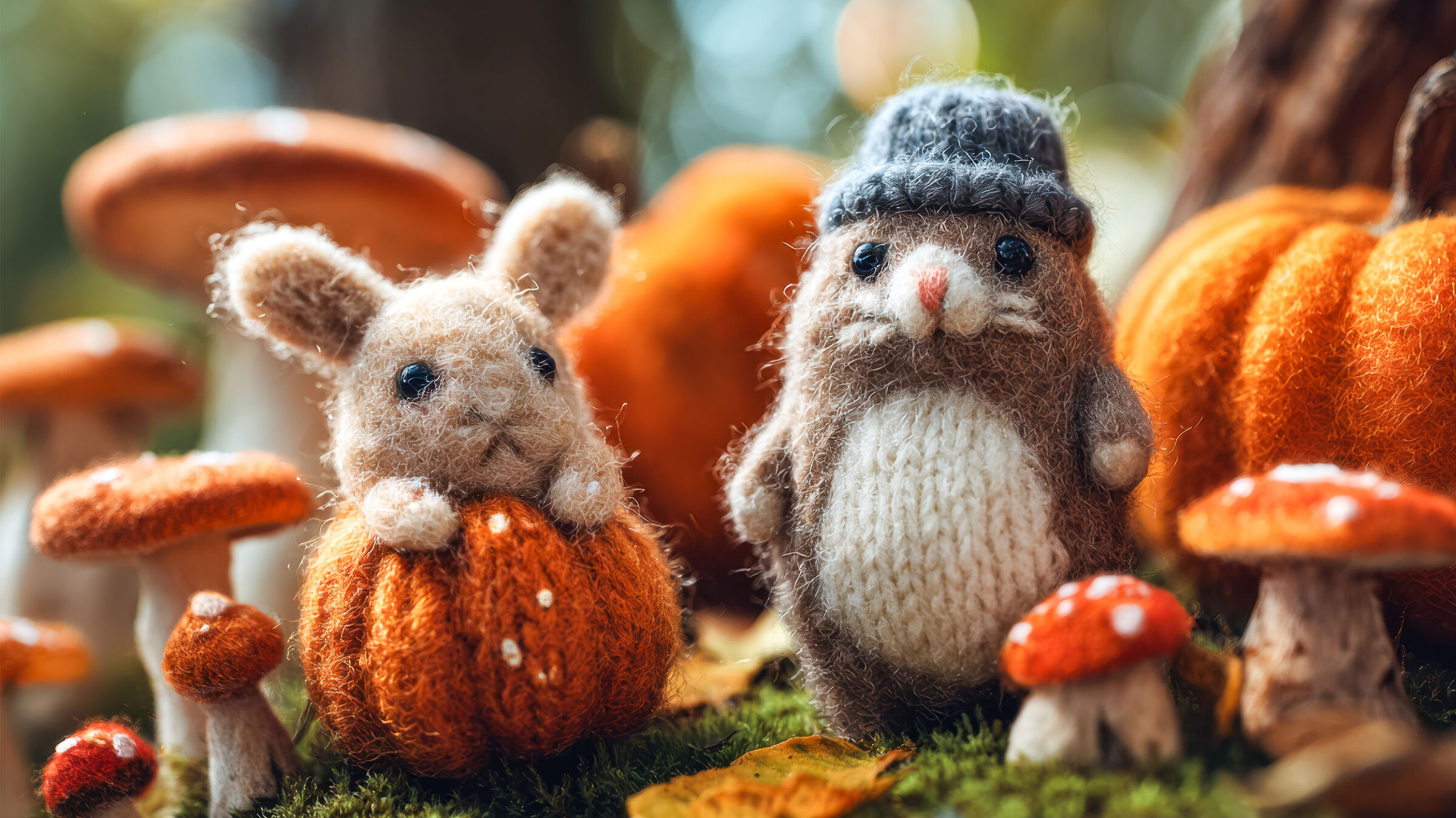 two felt critters among felted pumpkins and mushrooms