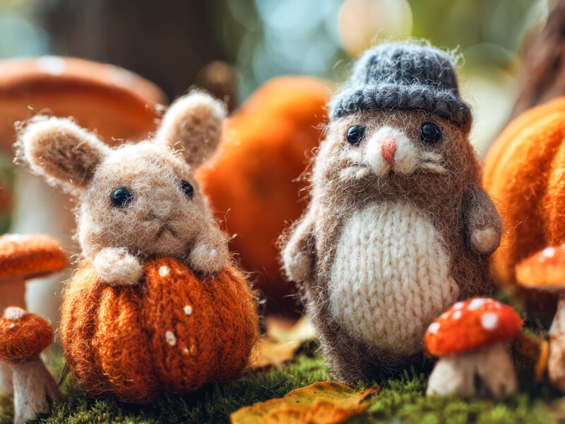 two felt critters among felted pumpkins and mushrooms