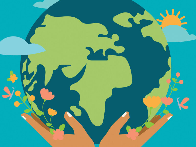 hands holding earth surrounded by sky and flowers