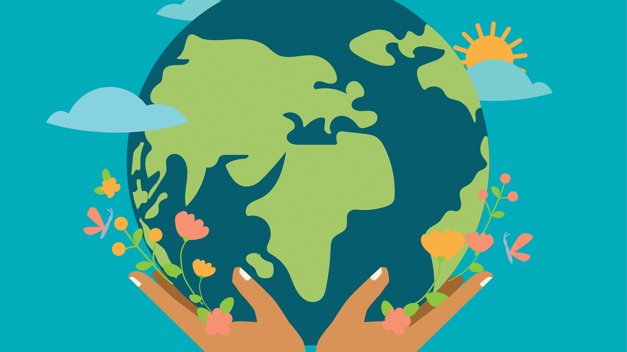 hands holding earth surrounded by sky and flowers