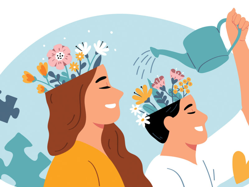 graphic of two individuals watering flowers blooming from their heads with a blue background