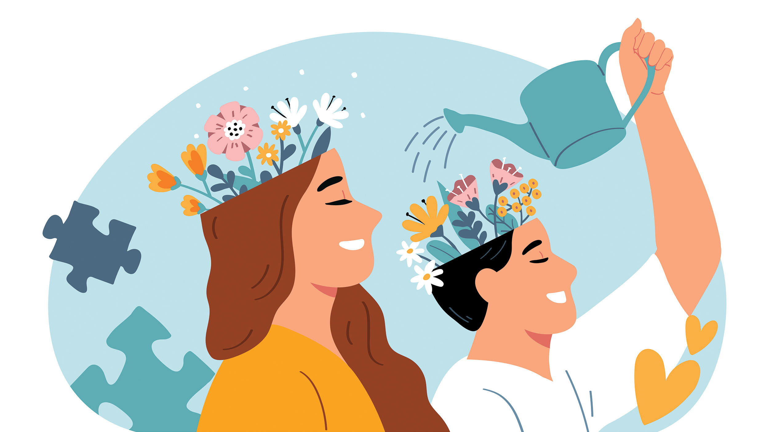 graphic of two individuals watering flowers blooming from their heads with a blue background