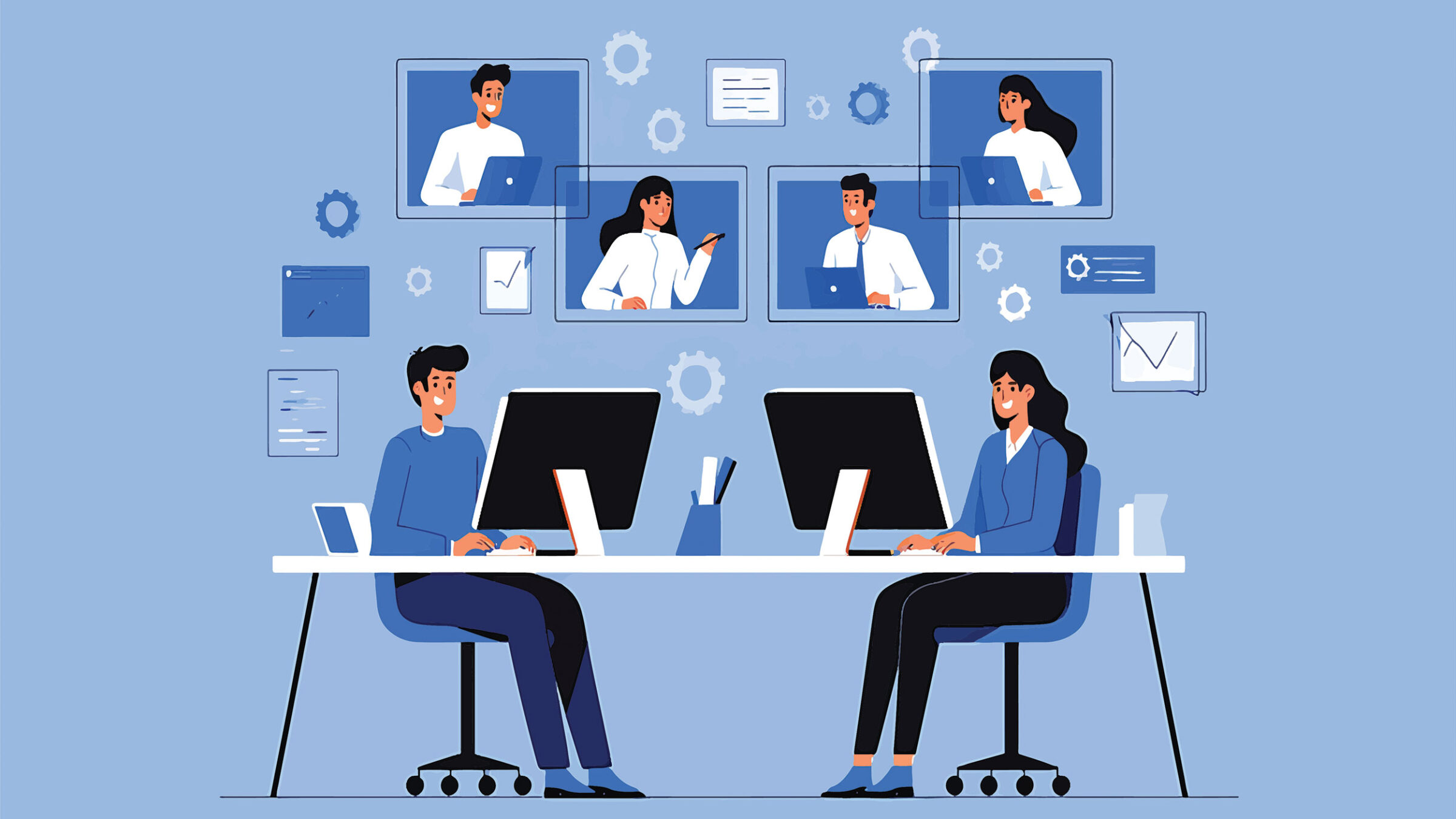 graphic of two people sitting in a virtual meeting against a blue background