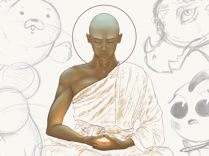 a person meditates in front of various pencil sketches