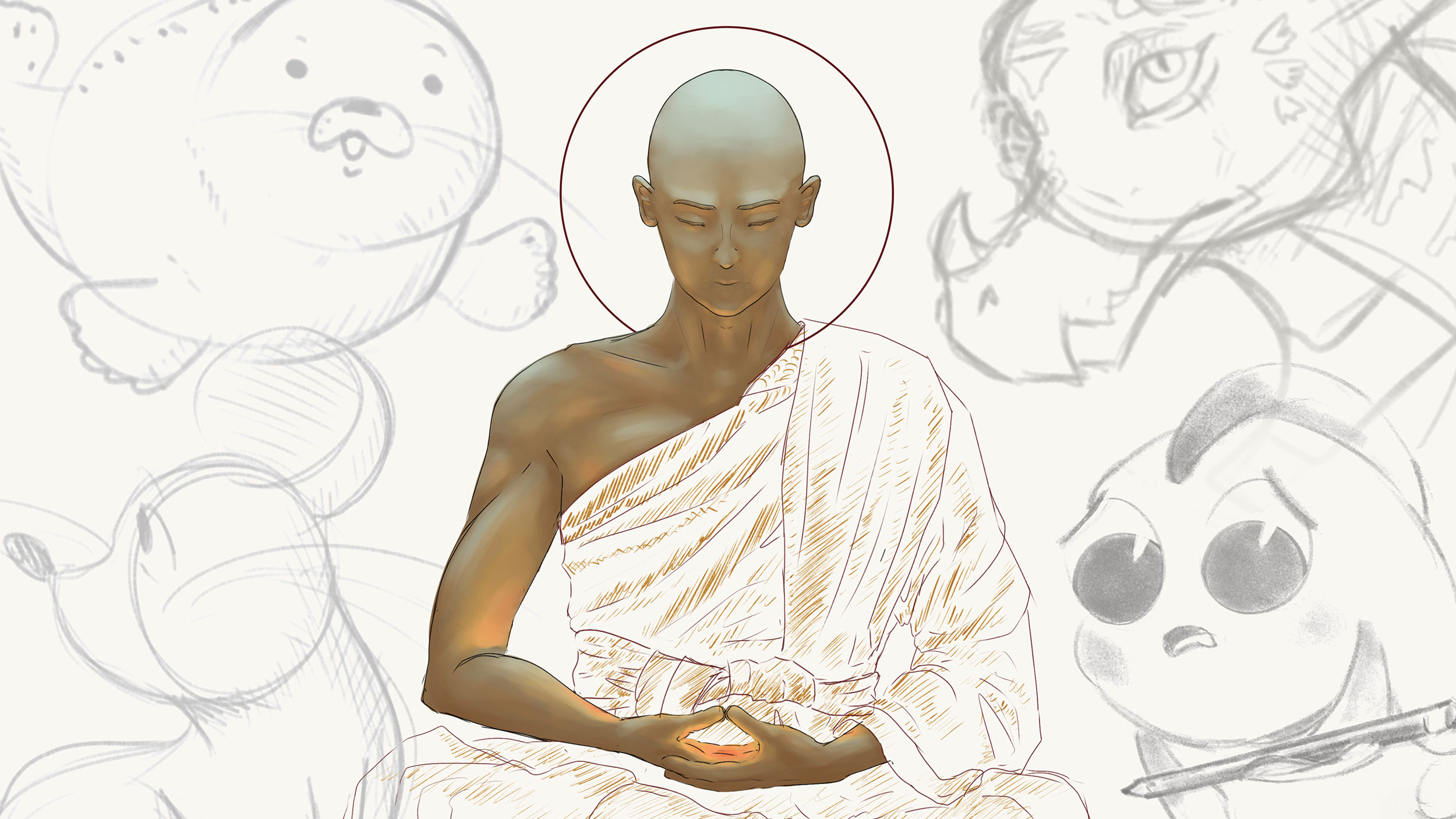 a person meditates in front of various pencil sketches