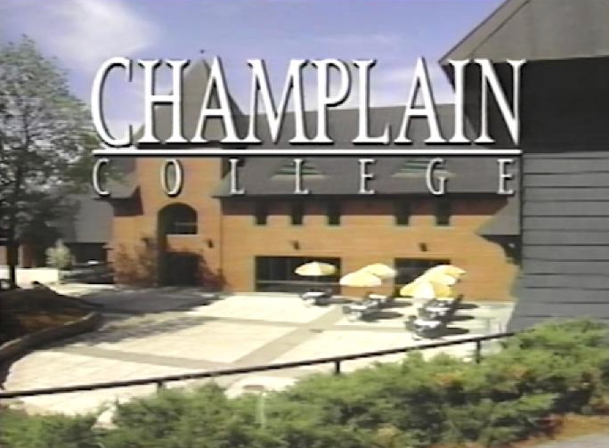 Title card from a 1996 Champlain College promotional video showing the college name overlaid on an aerial view of the campus buildings and courtyard.