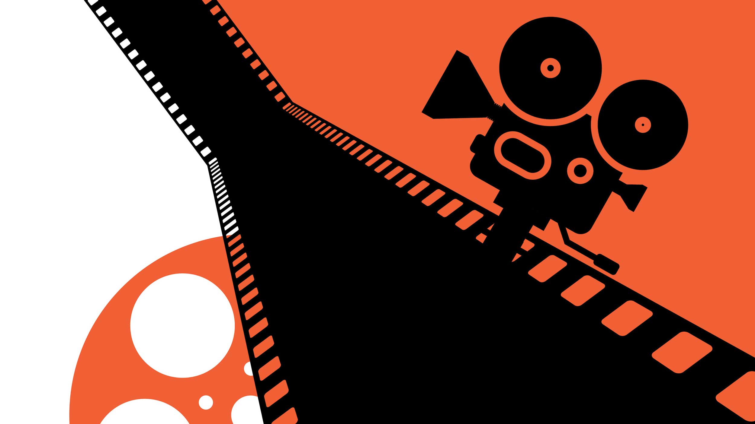 orange and black graphic of film strip, film camera, and film reel