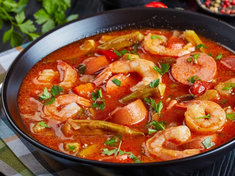 bowl of gumbo on a placemat