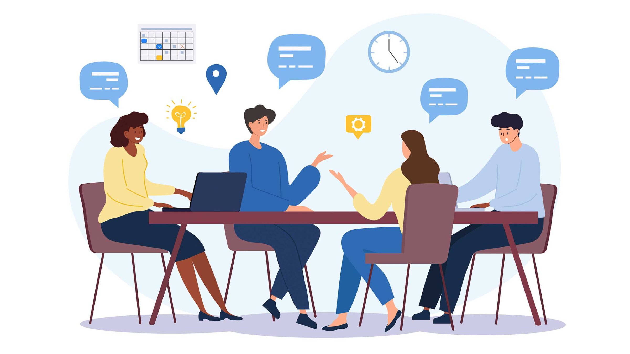 graphic of people meeting around a conference table with speech bubbles