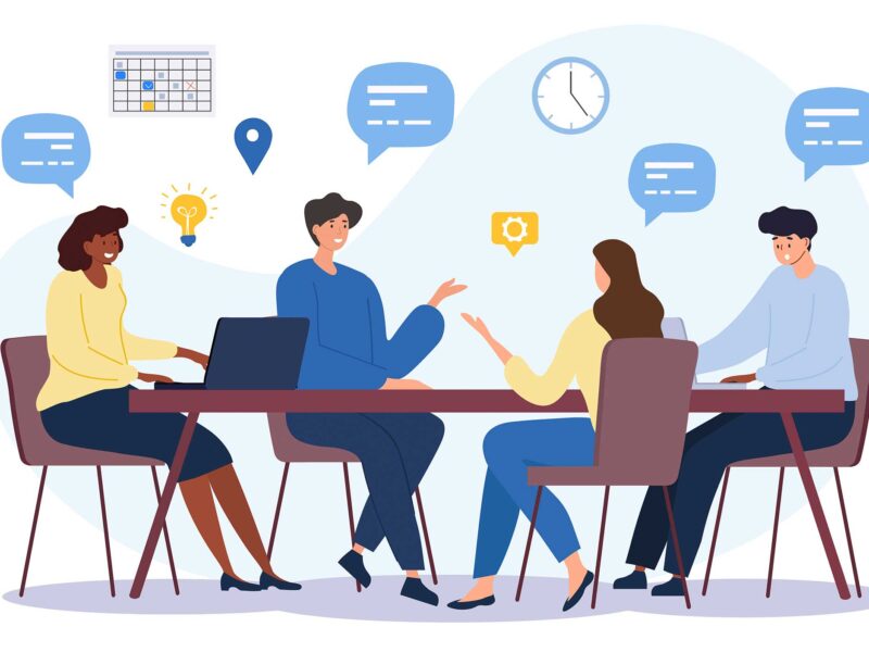 graphic of people meeting around a conference table with speech bubbles