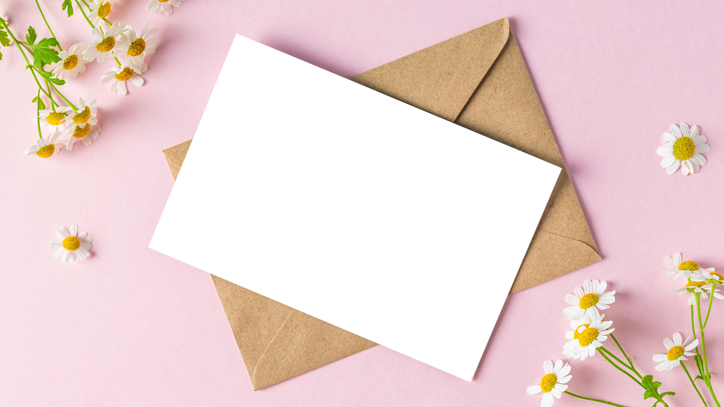 blank card with a brown envelope on a pink surface surrounded by white flowers