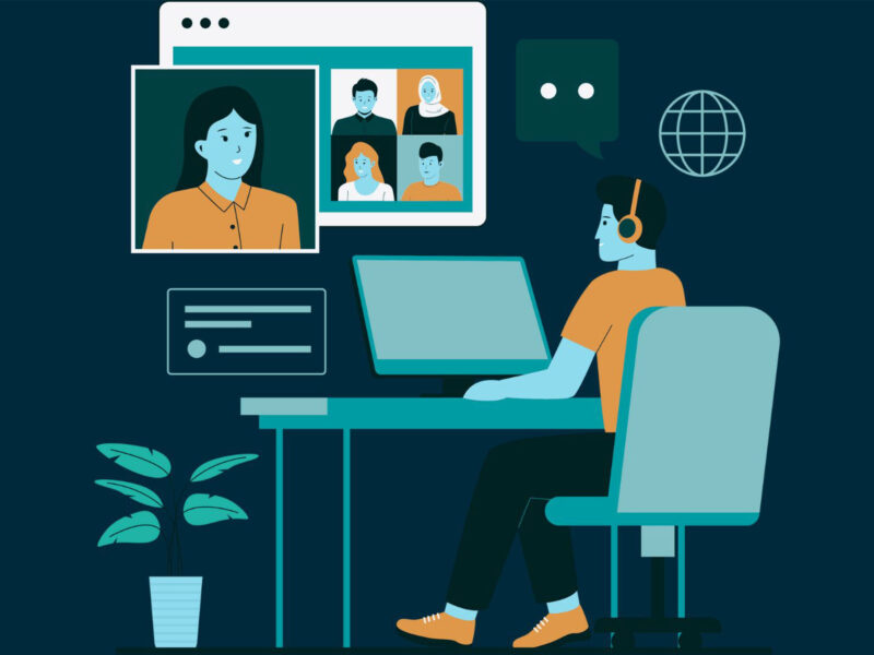 graphic of person sitting at desk in front of a computer
