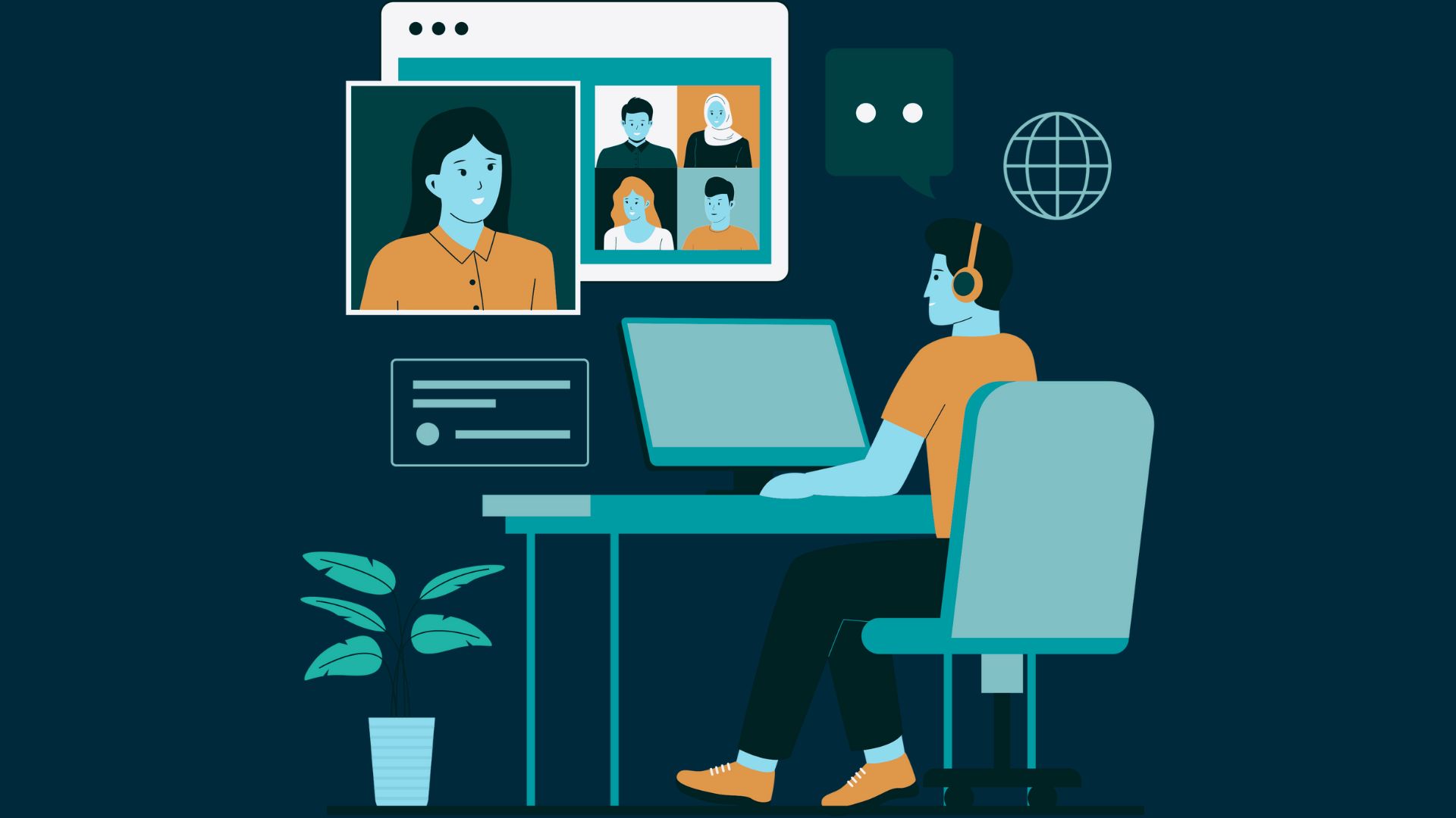 Illustration of a person working at a desk with internet popups