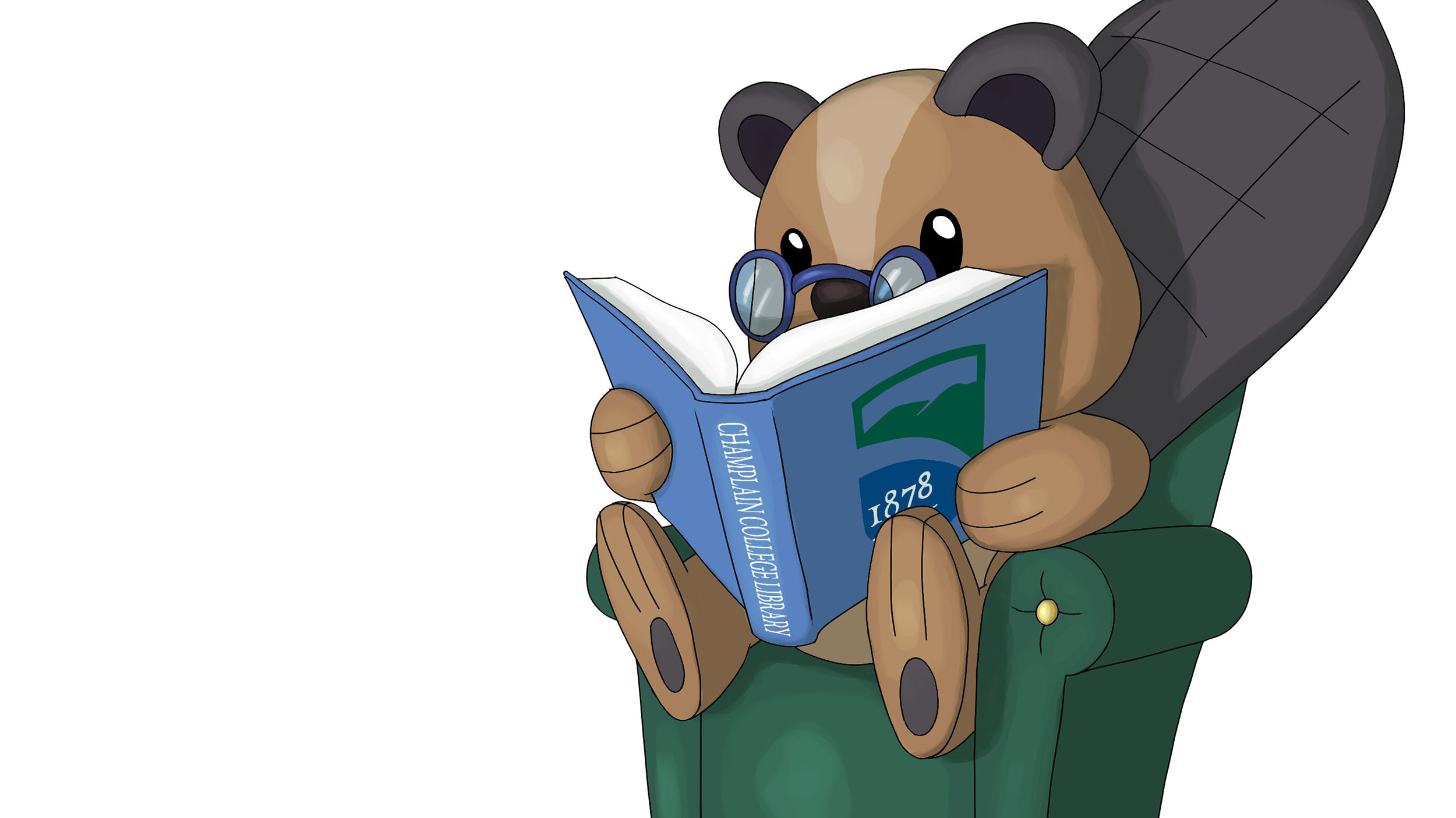 animated Chauncey in a green chair reading a blue book