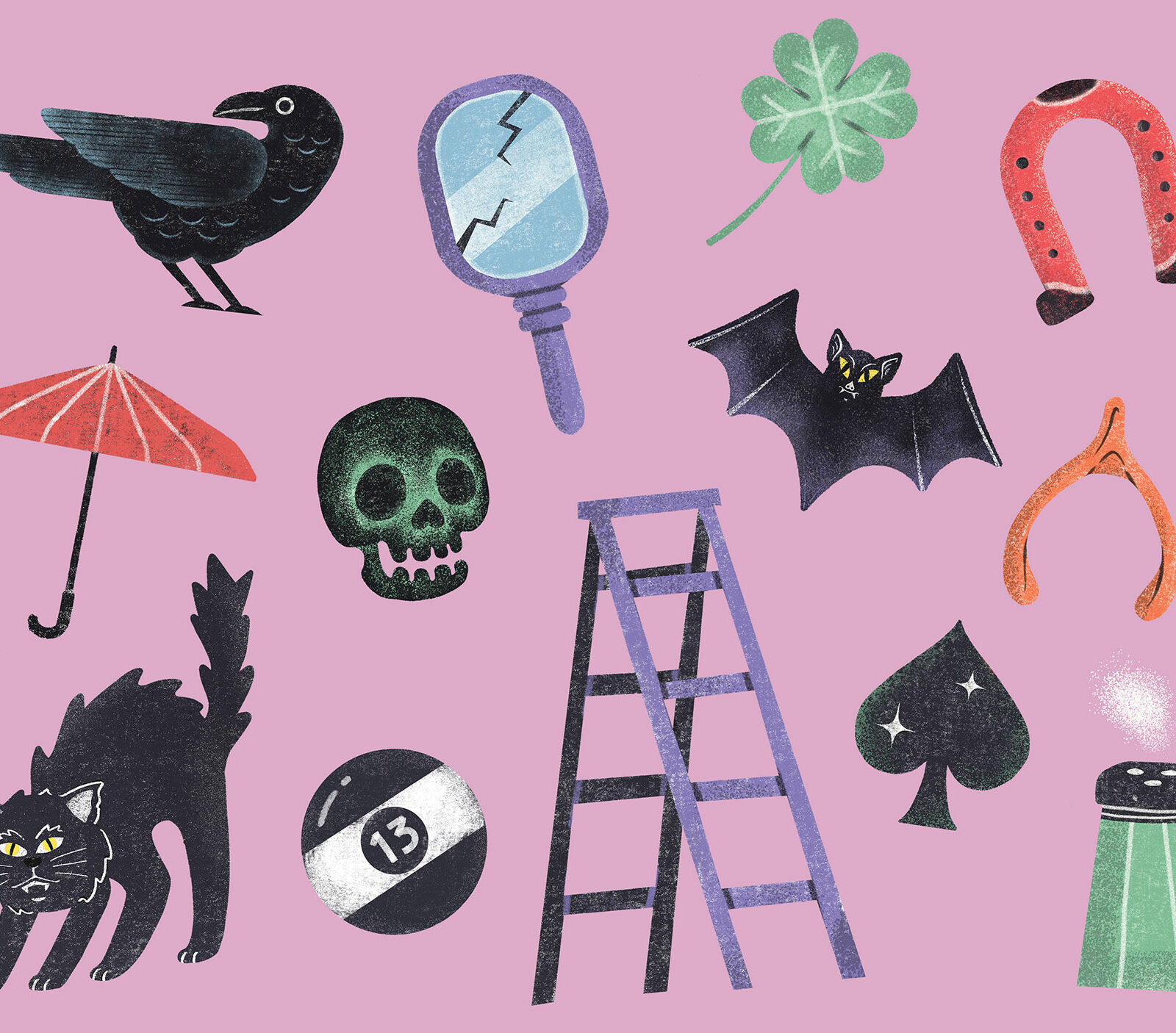 Simple illustrations of various unlucky objects.