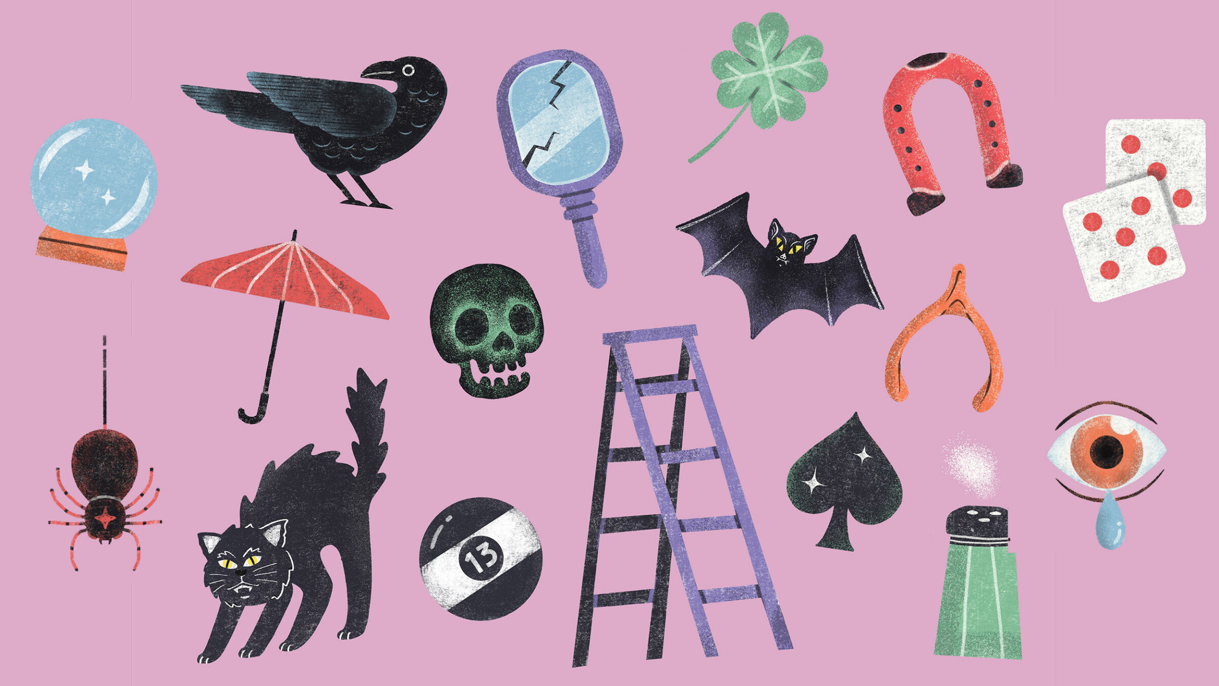 Simple illustrations of various unlucky objects.