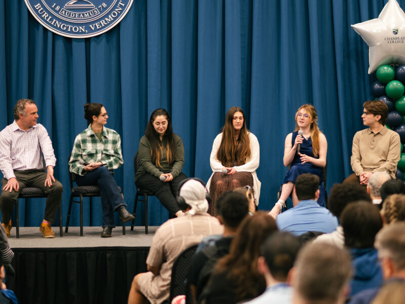 A panel discussion in front of an audience.