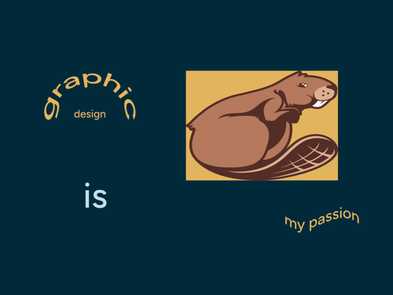 Champlain's navy blue background with clip art words and graphics of chauncey the beaver spelling out "Graphic Design is my Passion"