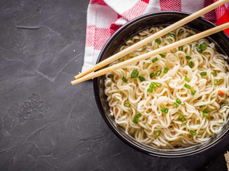 bowl of instant ramen with a pair of chopsticks