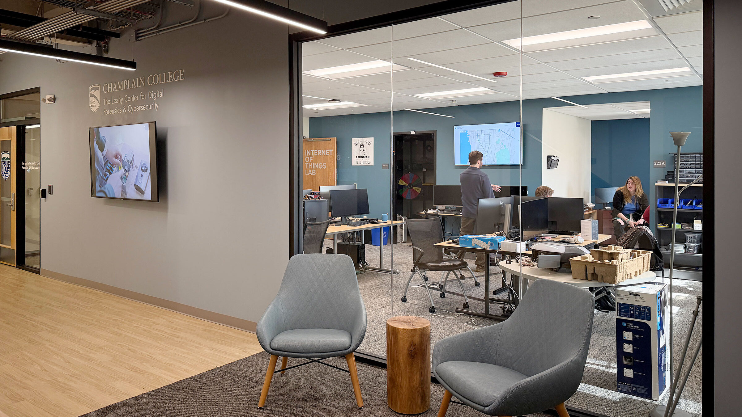 Lobby of the Leahy Center for Digital Forensics & Cybersecurity at Champlain College