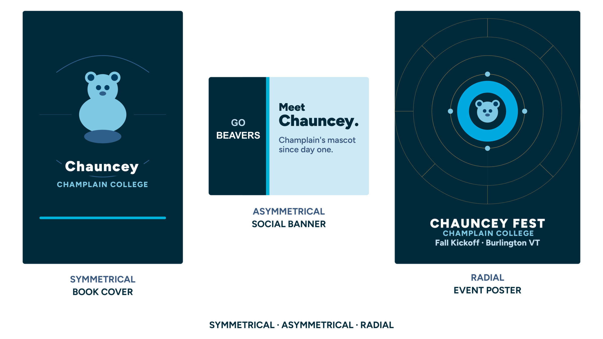 Three kinds of balance, from left to right: formal symmetry, dynamic asymmetry, and radial focus with Champlain's Chauncey mascot as the main focus