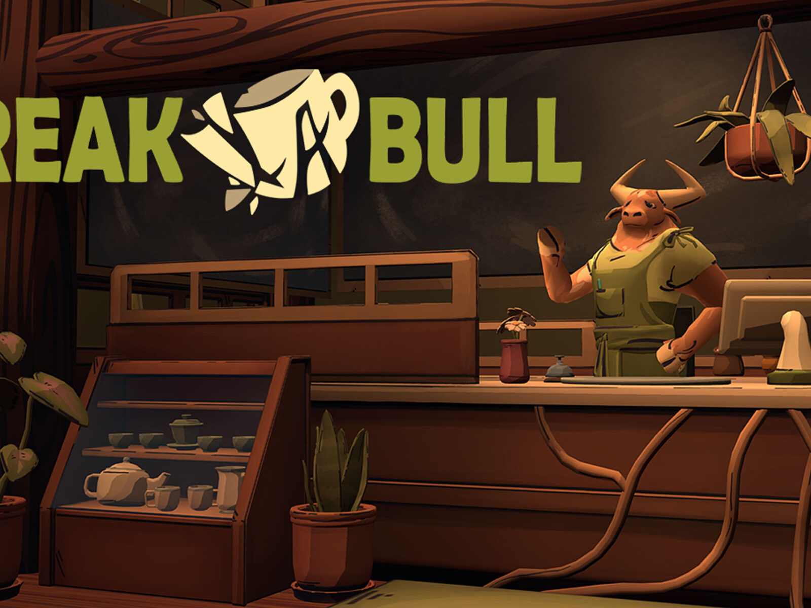Breakabull senior show game thumbnail with cartoon-stylized art of a bull behind a counter at a tea shop with the game's logo in the top left