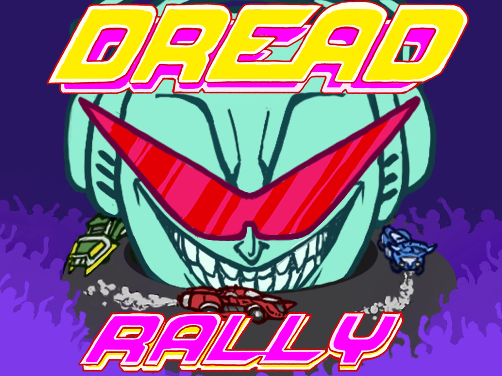 Drawn image of a blue cartoon character with sharp red glasses, three race cars driving in a circle, and the game's title, Dread Rally