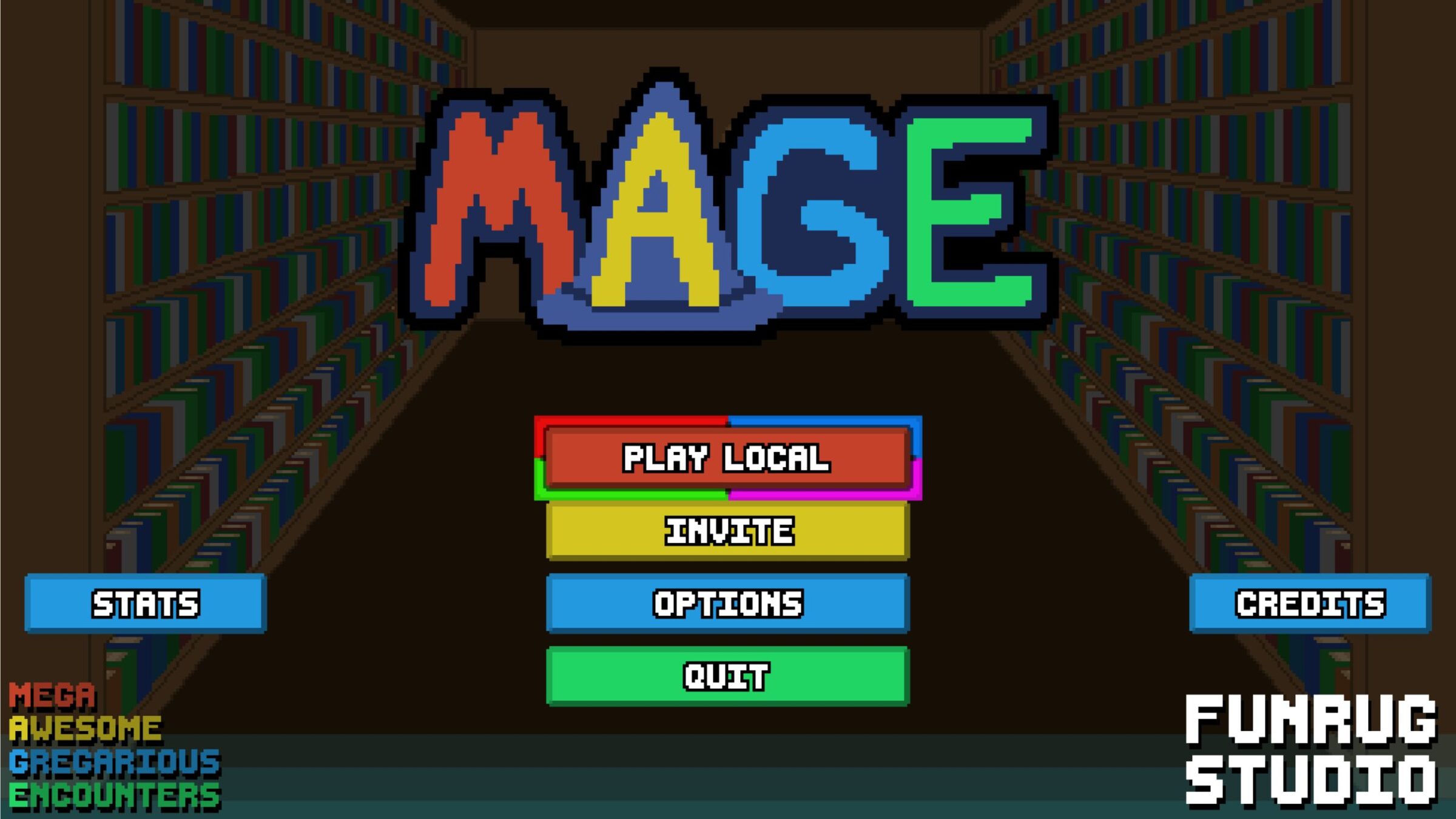 Title screen for MAGE, a student-made steam game with bright colors
