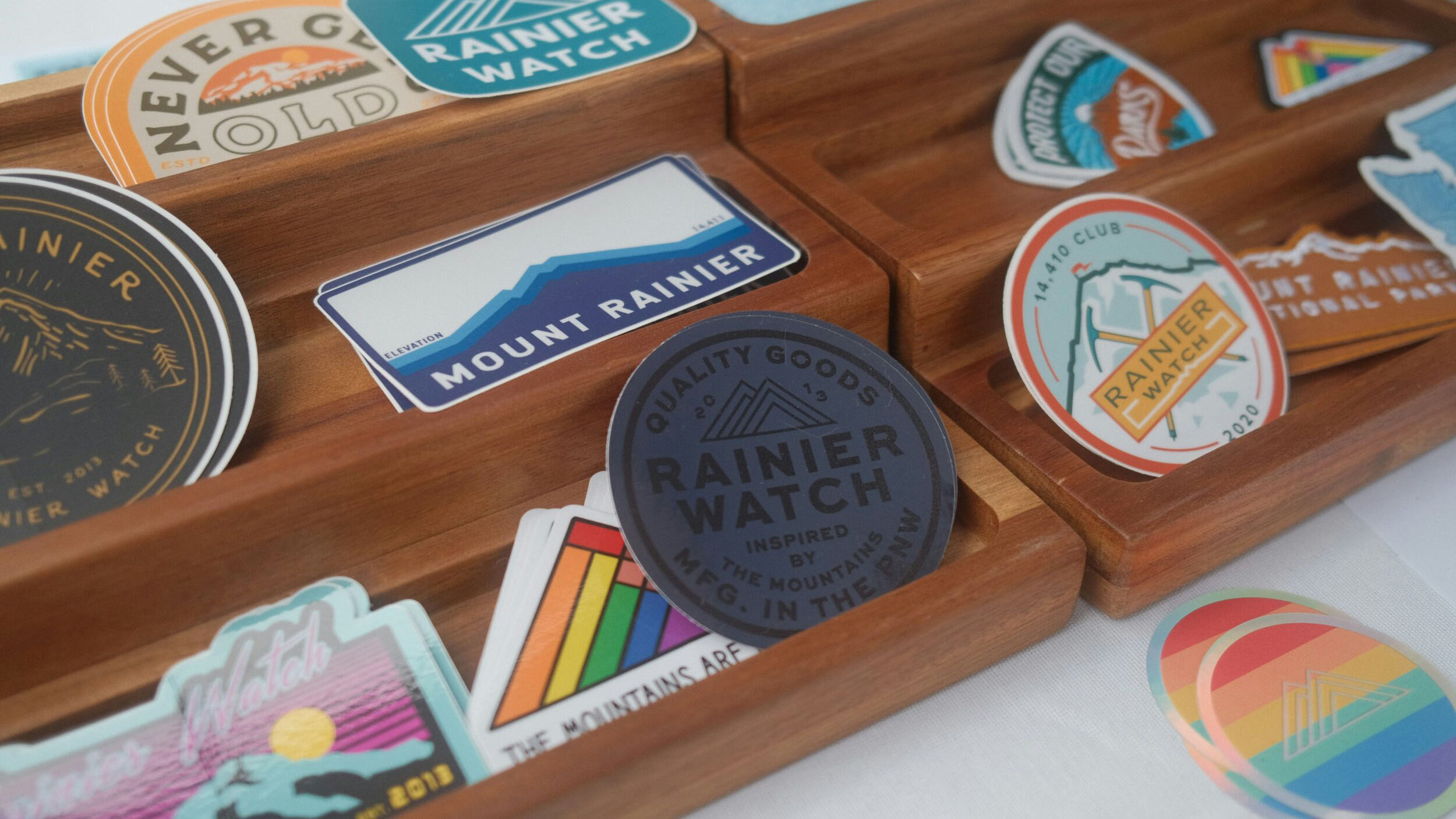 A pile of stickers on a display